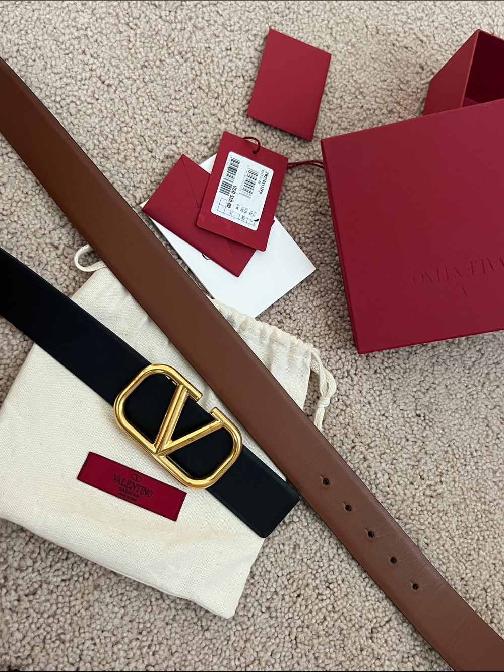 Valentino Garavani double side Leather Belt with Gold V-Style Buckle